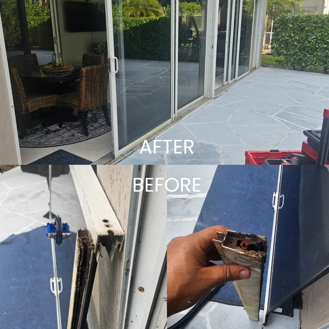 Before and after sliding door repair - damaged rollers and tracks restored to smooth working condition